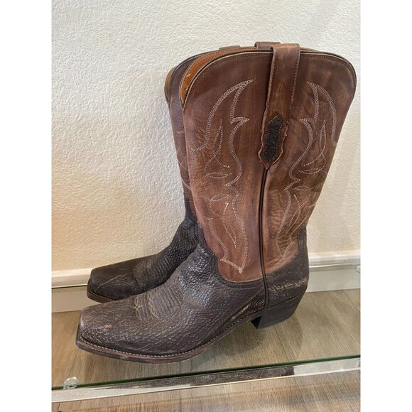 Lucchese Bootmaker Size 12D Sanded Shark Boots Brown Square Toe Exotic Cowboy - Picture 1 of 9